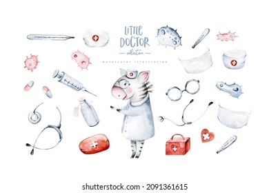 Cute Cartoon Animal Doctor, Pills, Ambulance, Mask, Bacteria, Viruses, Coronavirus. Watercolor Hand Drawn Boy And Girl Doctor Set.