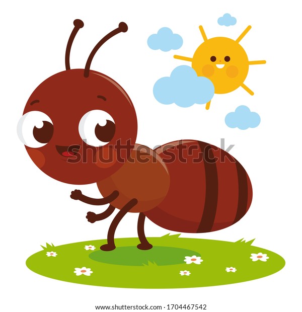 Cute\
cartoon ant in the grass in white\
background.