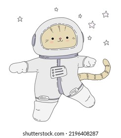 A Cute Cartoon Astronaut Cat, Wearing A Spacesuit And Floating In The Stars