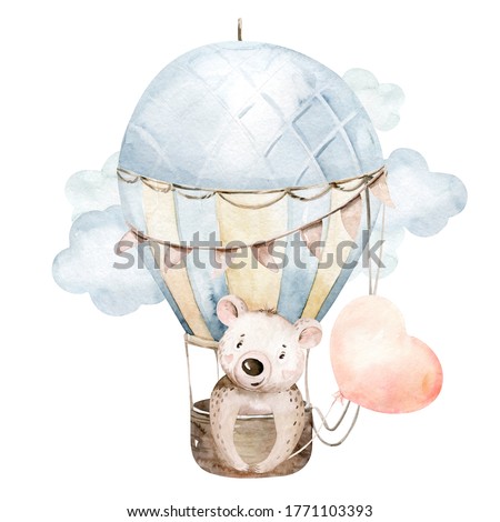 Cute cartoon baby bear animal hand drawn watercolor bunny illustration with air balloon. kids nursery wear fashion design, baby shower invitation card
