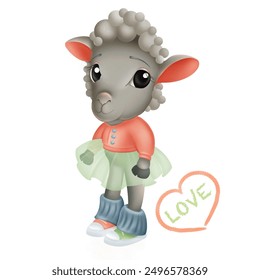 Cute cartoon baby sheep in red jumper, green skirt, gaiters and sneakers, heart lettering Love  - Powered by Shutterstock