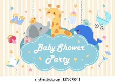 süße Cartoon Baby Dusche Einladungskarte mit Tieren und Spielzeug auf gelbem Hintergrund