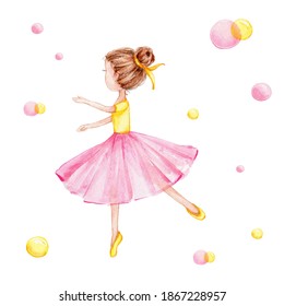 Cute cartoon ballerina in pink tutu skirt; watercolor hand draw illustration; with white isolated background