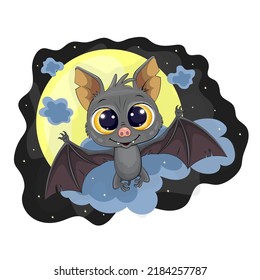 Cute Cartoon Bat  Cartoon bat flying at night against the background the moon  stars   clouds  Colorful childrens illustrations 