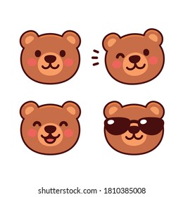 Cute cartoon bear face set, mascot icon, emoji sticker design. Happy teddy bear smiling, winking, wearing sunglasses. Simple illustration.