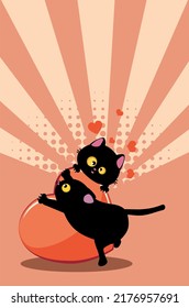 Cute cartoon black cat couple and big red heart illustration.