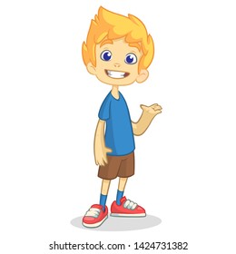 Cute Cartoon Blonde Boy Waving And Smiling. Illustration Of A Teenager