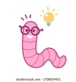 Cute Cartoon Bookworm Drawing. Smiling Little Worm With Glasses And Idea Lightbulb. Smart Children Mascot, Simple Clip Art Illustration.