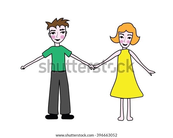 Cute Cartoon Boy Girl Holding Hands Stock Illustration