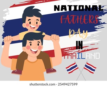 A cute cartoon boy and his dad embrace in a beautiful, flat graphic design for National Father's Day in Thailand. Featuring a flag, calligraphy, and vibrant orange decoration, this concept celebrates  - Powered by Shutterstock