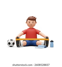 Cute cartoon boy stretches his legs with a resistance band after playing soccer This 3D render is great for fitness or exercise related content.
