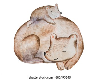 Cute cartoon brown bear and little cub laying on its back sleeping together drawn with watercolor technique.