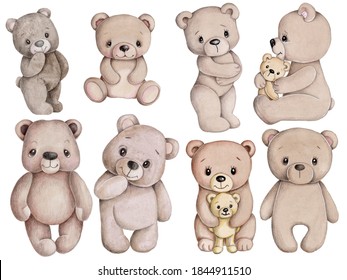 Cute cartoon brown teddy bear. Watercolor hand drawn art, illustration, icon, sketch for children. Isolated.