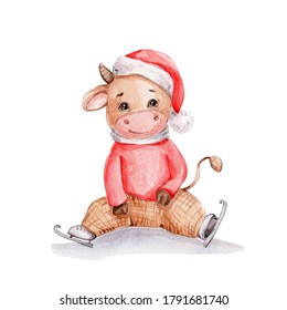 Cute cartoon bull skates; watercolor hand draw illustration; can be used for 2021 new year cards; and white isolated background