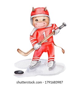 Cute cartoon bull playing hockey; watercolor hand draw illustration; can be used for 2021 new year cards; and white isolated background