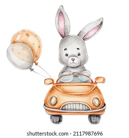 Cute cartoon bunny in car and balloons; watercolor hand drawn illustration; with white isolated background