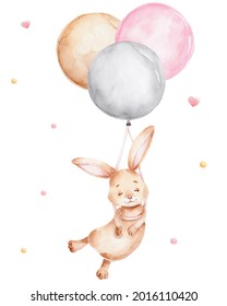 Cute cartoon bunny flying on balloons; watercolor hand drawn illustration; with white isolated background