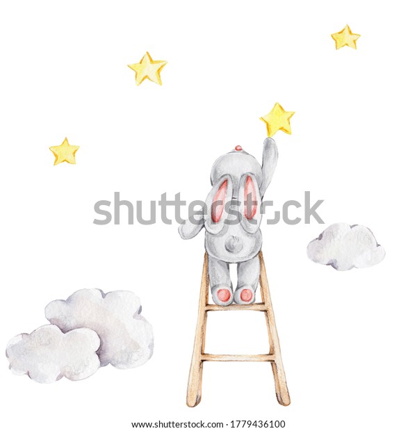 階段の上のかわいい漫画のバニーと黄色い星と雲 水彩手描きのイラスト キッドポスターやベビーシャワーに使用できる 白い背景に のイラスト素材