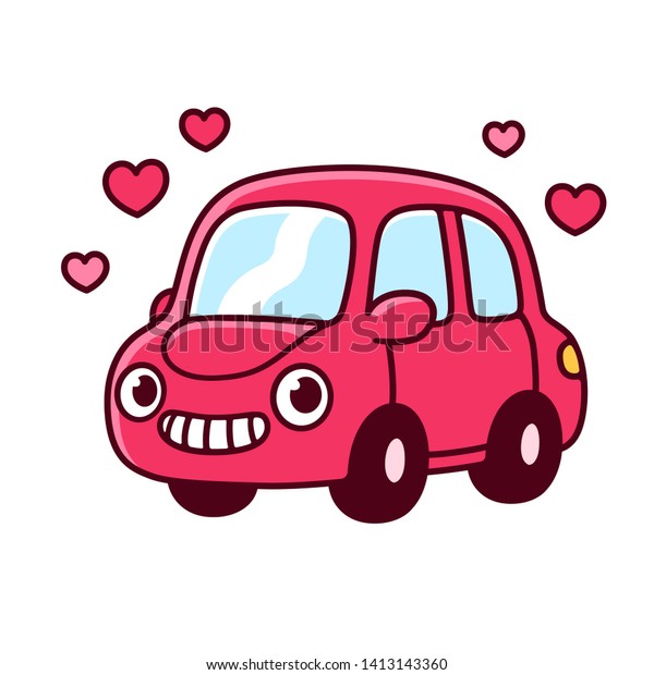 Cute cartoon\
car drawing with funny face. Adorable little car in love with\
hearts. Isolated clip art\
illustration.