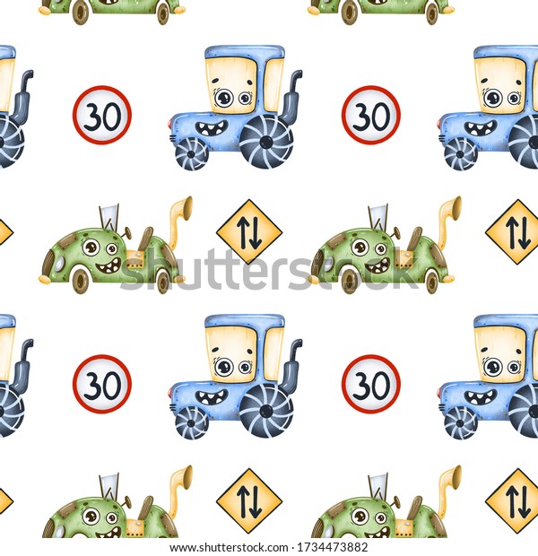 Cute cartoon cars seamless\
pattern. Tractor, cyberpunk machine, road signs seamless\
pattern.