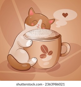 Cute cartoon cat character hugging a mug of coffee. Cute characters animals and food and drink concepts illustrations. Coffee time concept. International Coffee Day design - Powered by Shutterstock