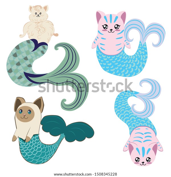 Cute Cartoon Cat Mermaid Tail Fantasy Stock Illustration 1508345228 ...