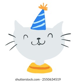 Cute cartoon cat with a party hat, smiling cat illustration, playful cat with blue hat, adorable cat design - Powered by Shutterstock