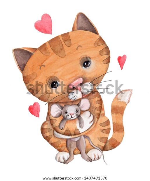 Cute Cartoon Cat Sitting Holding Mouse のイラスト素材