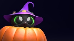 Cute Cartoon Cat In Witch Hat Sits On Pumpkin. Happy Halloween Background With Copy Space For Cover, Content, Greeting Card, Label, Banner, Sticker. Kawaii Black Kitten With Big Green Eyes. 3d Render.