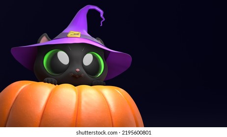 Cute Cartoon Cat In Witch Hat Sits On Pumpkin. Happy Halloween Background With Copy Space For Cover, Content, Greeting Card, Label, Banner, Sticker. Kawaii Black Kitten With Big Green Eyes. 3d Render.