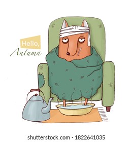 cute cartoon character has an influenza  sad fox is sitting in thе arm  chair   treats the flue  soak his feet
