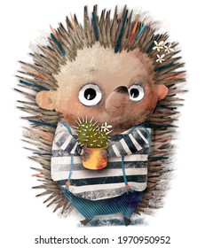 Cute Cartoon Character Hedgehog With Cactus