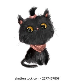 Cute Cartoon Childish Little Baby Feline Black Cat With Bright Yellow Eyes Adorable Fashion Pet Domestic Animal Furry Style With A Pony Tail Hair Style.