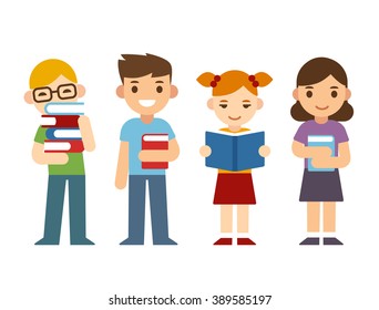 Cute cartoon children with books. Happy diverse kids, boys and girls. Modern flat style illustration. - Powered by Shutterstock