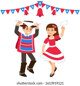 Cute cartoon children dancing Cueca traditional dance in a fonda, celebrating Chilean holiday Dieciocho. Boy and girl in national costumes on Fiestas Patrias with flag banners. 