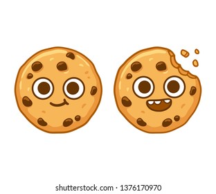 Cute cartoon chocolate chip cookie character with funny face. Cookie mascot illustration.