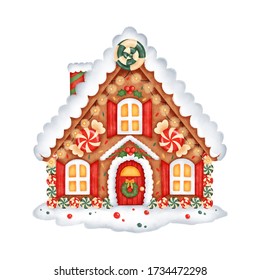 Cute Cartoon Christmas Gingerbread House With Sweets