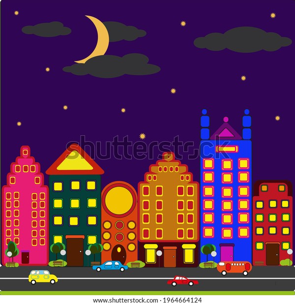 cute cartoon city, big and small streets,\
benches, trees. sidewalks and roads with\
cars
