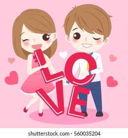 cute cartoon couple take love word and smile happily