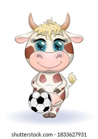 Cute cartoon cow, bull with a soccer ball, similarity between own points and hexagons of the ball, symbol of 2021 according to the Chinese calendar