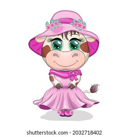 Cute Cartoon Cow Girl With Beautiful Eyes In A Pink Dress And A Hat. Funny Cow Character, Lady.