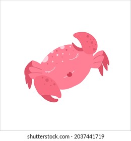 Cute Cartoon Crab Isolated On White Background. Kawaii Crab In Flat Style