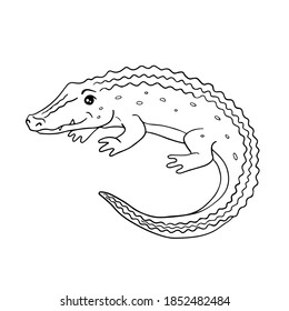 Cute Cartoon Crocodile For Coloring Page Or Book. Black And White Outline Illustration Of Animal Character.