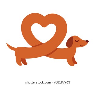 Cute cartoon dachshund with heart shaped body. Funny Weiner dog St. Valentines day greeting card illustration.