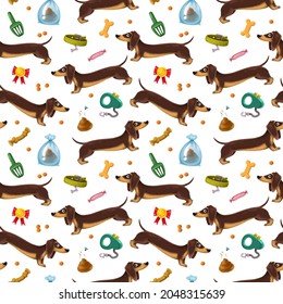 Cute Cartoon Dachshunds, Leash, Poop, Medal And Pet Grooming. Seamless Pattern With A Dog On A White Background. Children S Funny Illustration, Drawing By Hand. Newborn Print, Print Design