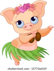 Cute Cartoon Dancing Hawaiian Pig 