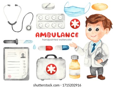 Cute Cartoon Doctor, Pills, Stethoscope, Suitcase, Medicine. Watercolor Hand Drawn Clipart