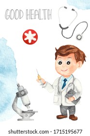 Cute Cartoon Doctor, Stethoscope, Microscope. Watercolor Hand Drawn Card