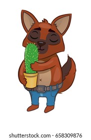 Cute Cartoon Dog Holding Paws Cactus