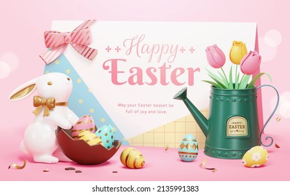 Cute cartoon Easter greeting banner. 3d composition of large greeting card, tulips in watering pot, and cute porcelain rabbit decoration. - Powered by Shutterstock